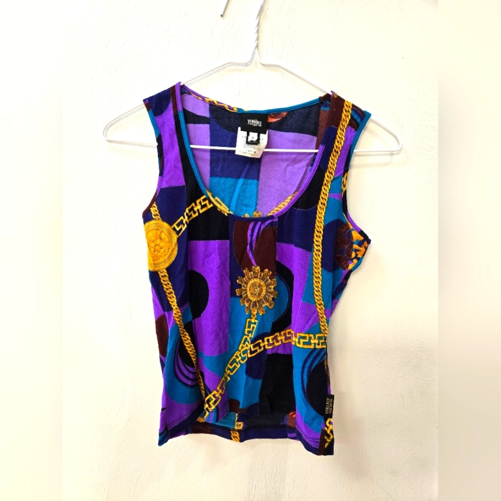 Versace Jeans Couture Women's Multicolor Purple Blue Gold Sleeveless Top Small